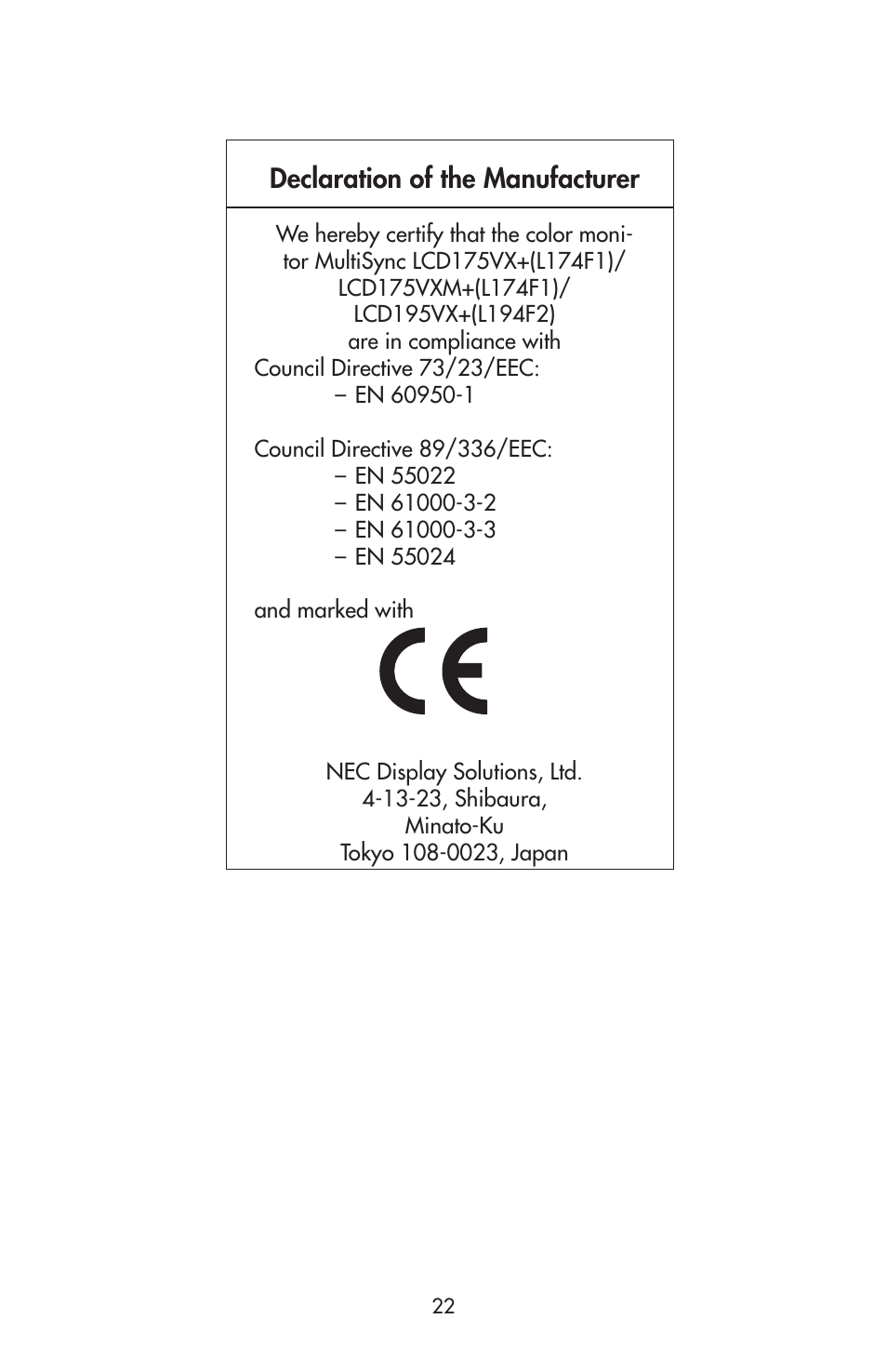 Declaration of the manufacturer | NEC 175VXM User Manual | Page 24 / 76