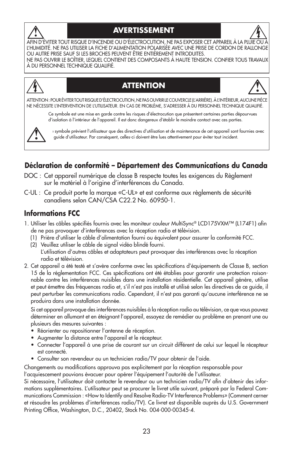 Avertissement attention, Informations fcc | NEC 175VXM User Manual | Page 25 / 76