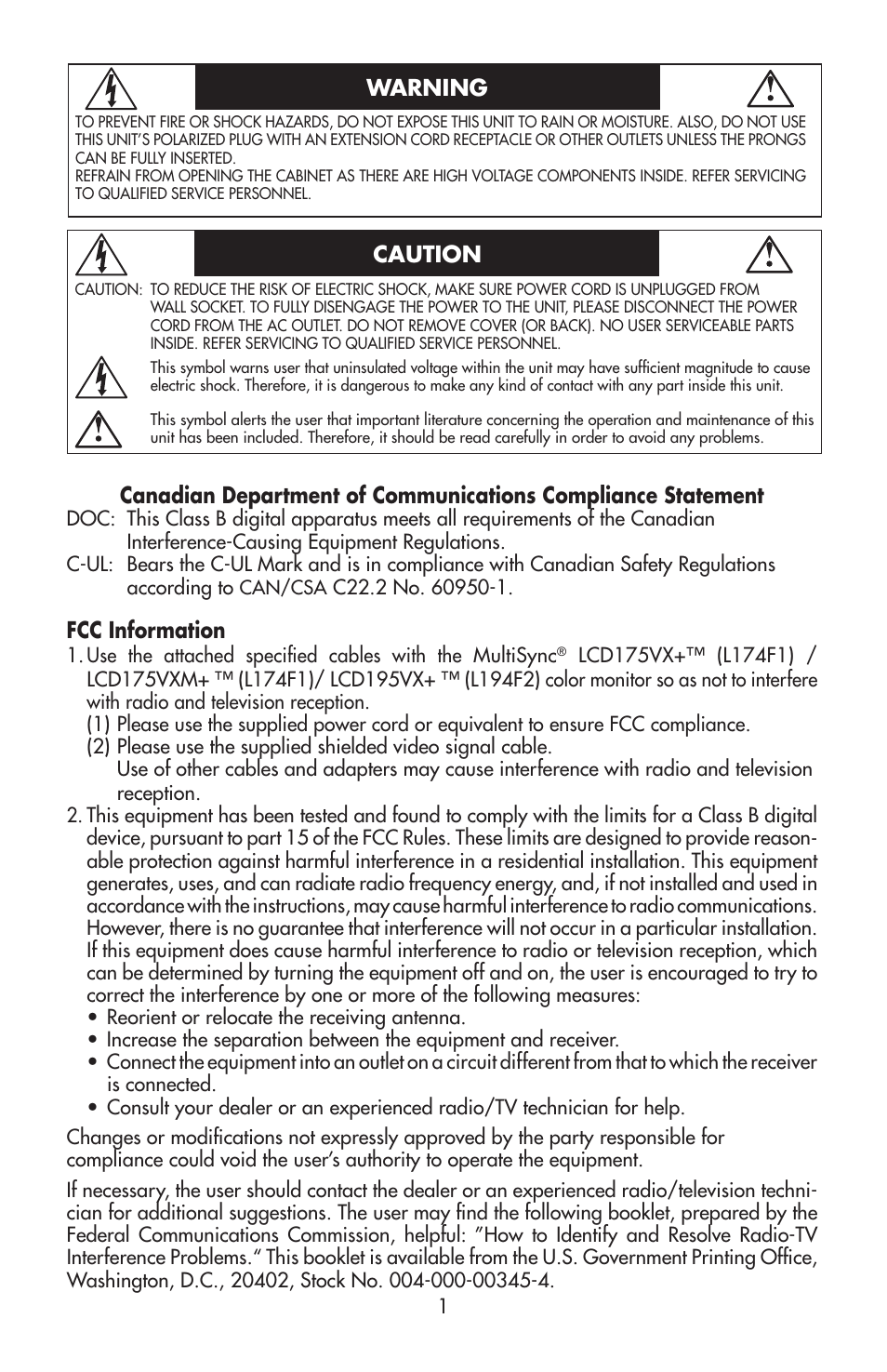 Fcc information | NEC 175VXM User Manual | Page 3 / 76