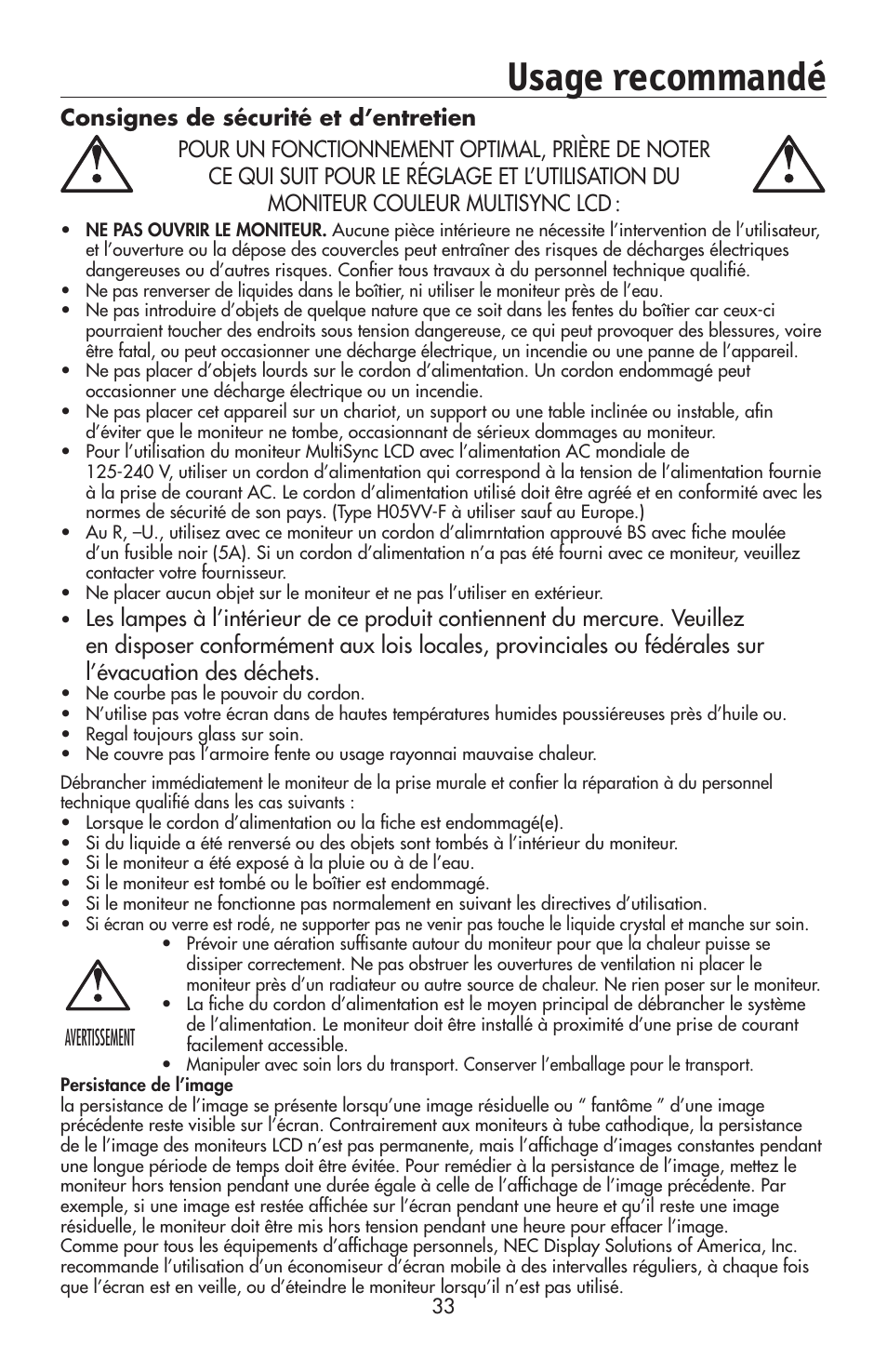 Usage recommandé, Avertissement | NEC 175VXM User Manual | Page 35 / 76