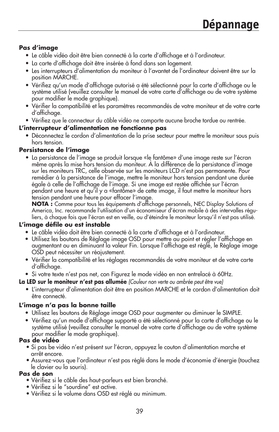 Dépannage | NEC 175VXM User Manual | Page 41 / 76