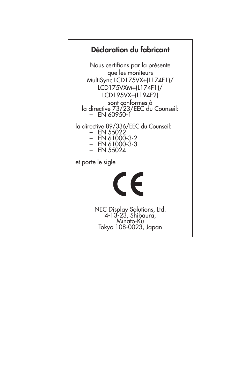 Déclaration du fabricant | NEC 175VXM User Manual | Page 46 / 76