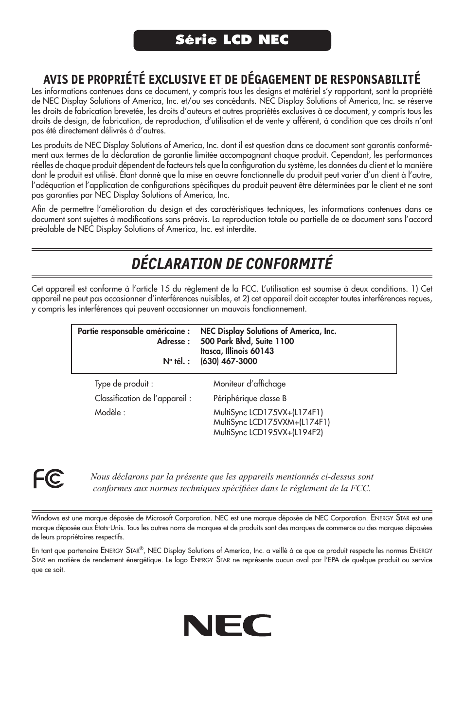 Déclaration de conformité, Avis de propri, Exclusive et de d | Gagement de responsabilit, Série lcd nec | NEC 175VXM User Manual | Page 47 / 76