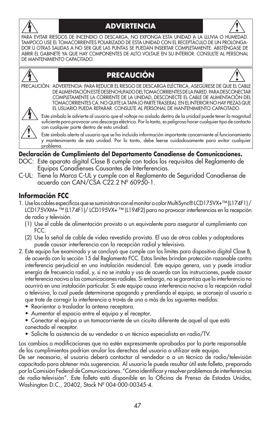 Advertencia precaución, Información fcc | NEC 175VXM User Manual | Page 49 / 76