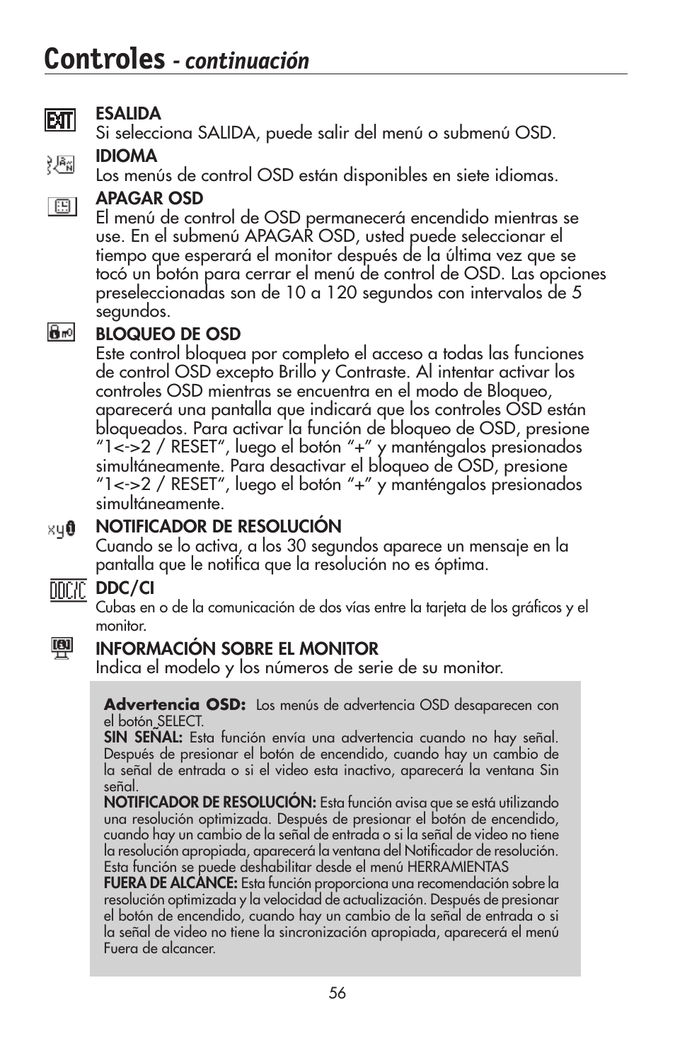 Controles, Continuación | NEC 175VXM User Manual | Page 58 / 76