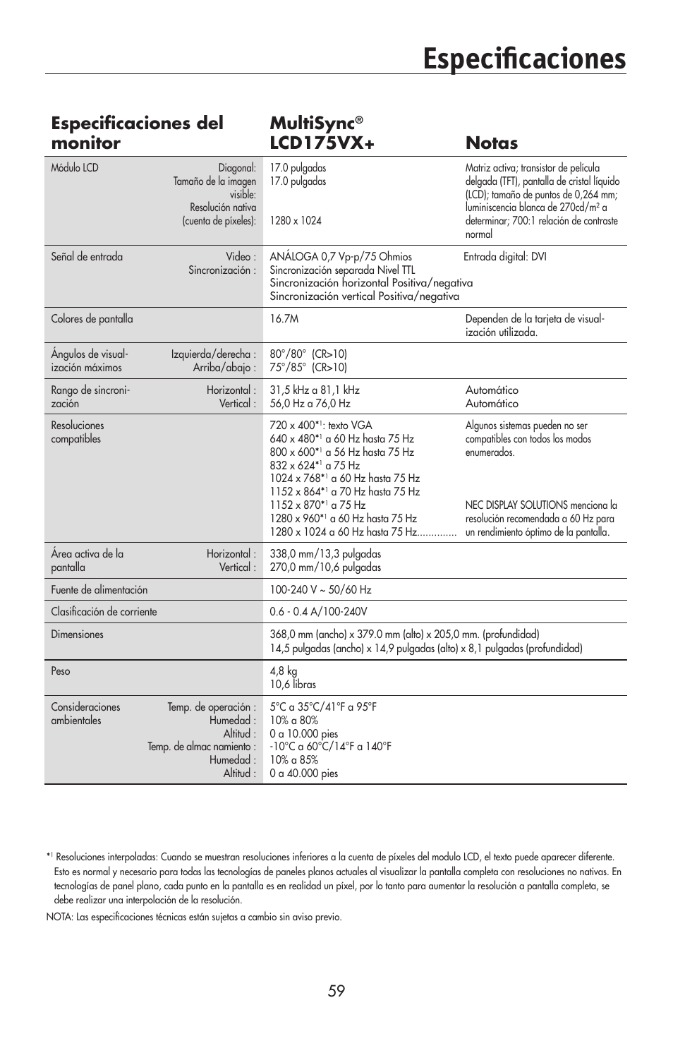 Especificaciones, Especificaciones del monitor multisync, Lcd175vx+ notas | NEC 175VXM User Manual | Page 61 / 76