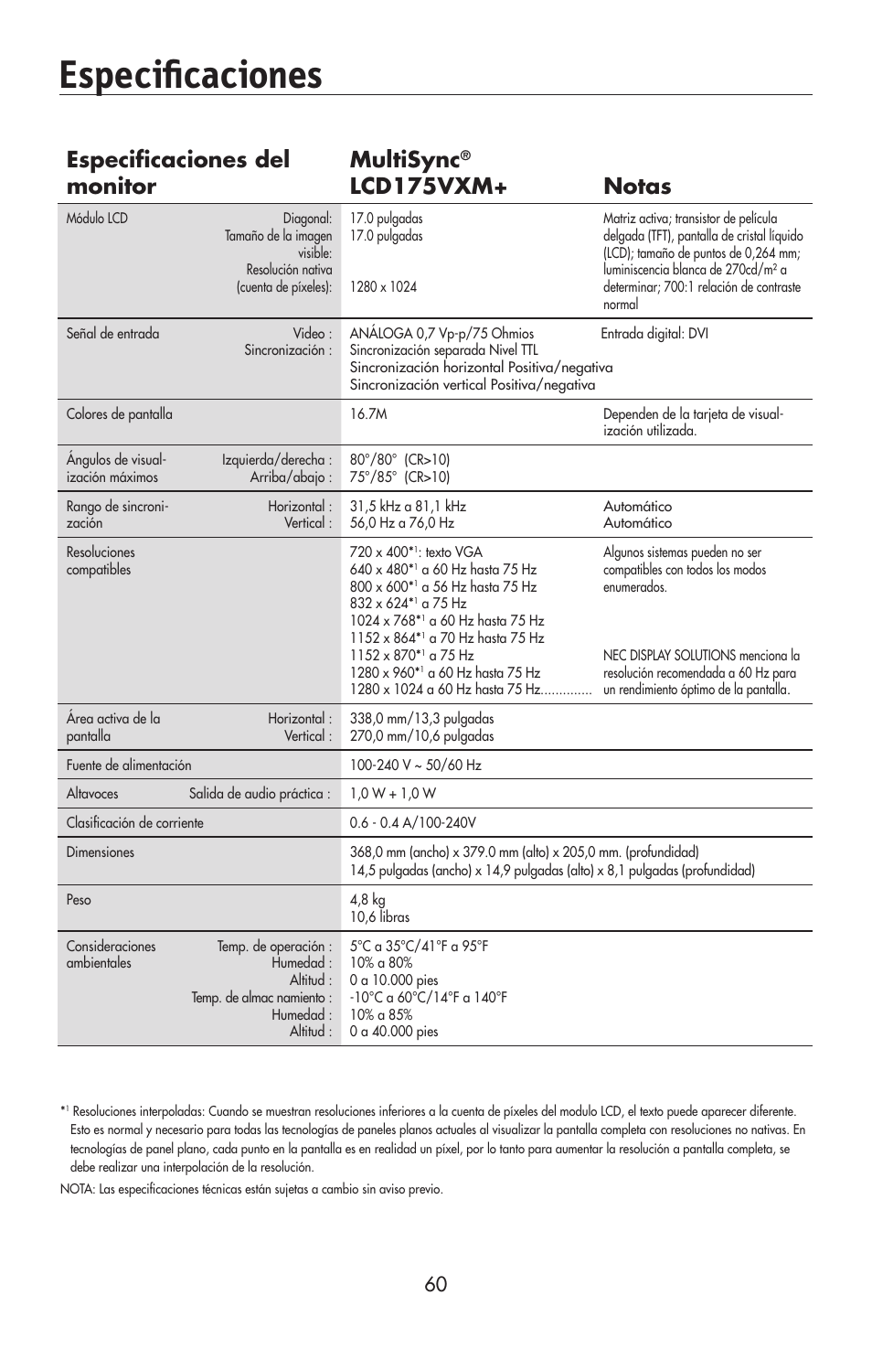 Especificaciones, Especificaciones del monitor multisync, Lcd175vxm+ notas | NEC 175VXM User Manual | Page 62 / 76