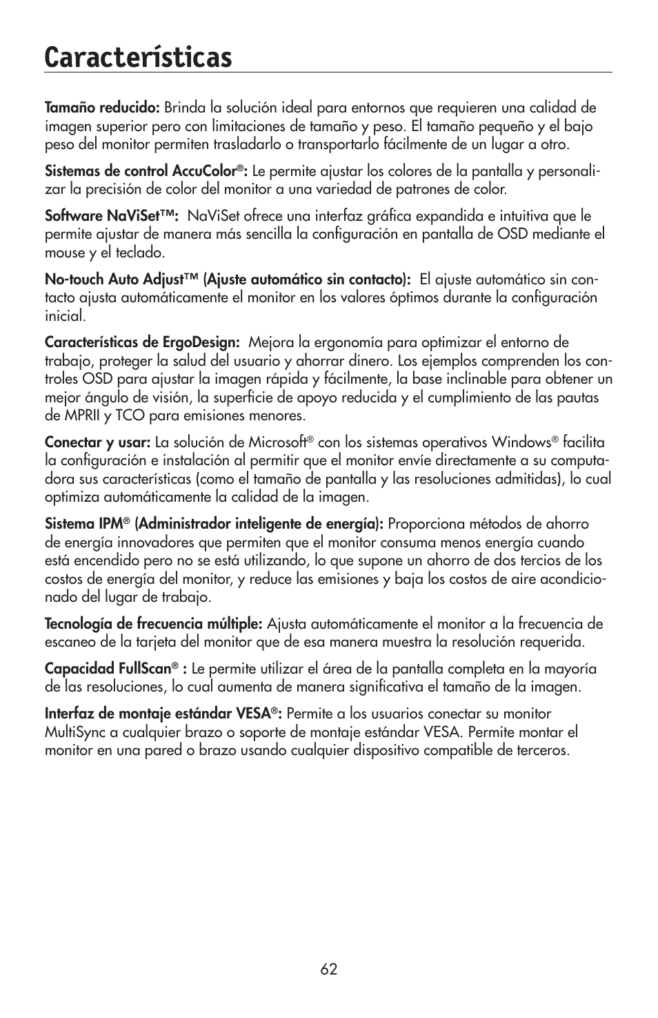 Características | NEC 175VXM User Manual | Page 64 / 76