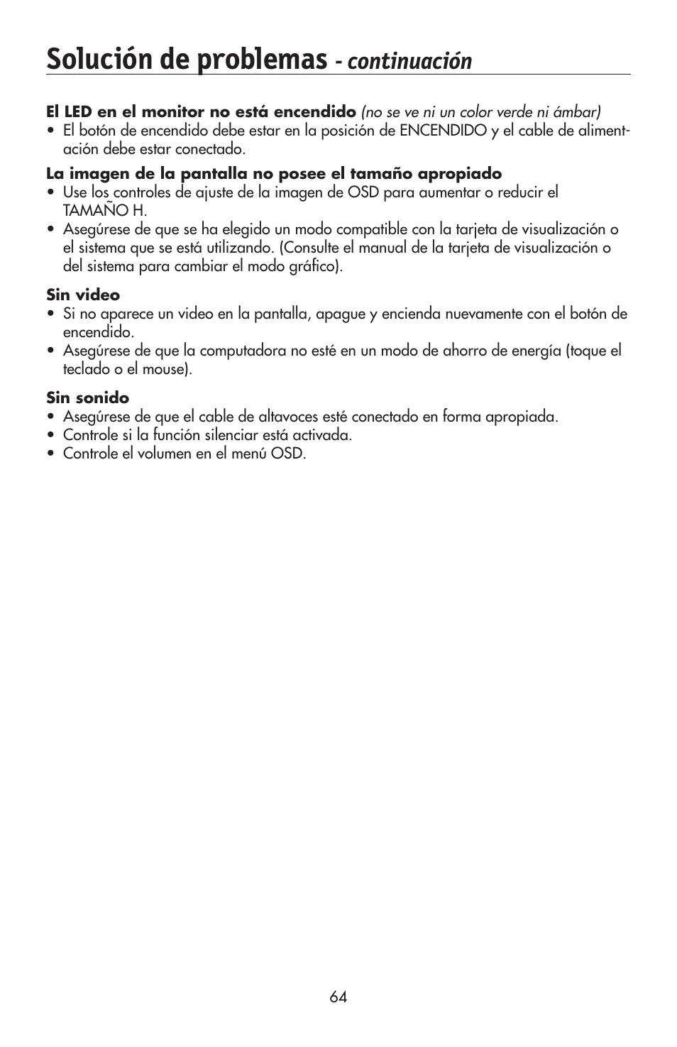 Solución de problemas, Continuación | NEC 175VXM User Manual | Page 66 / 76