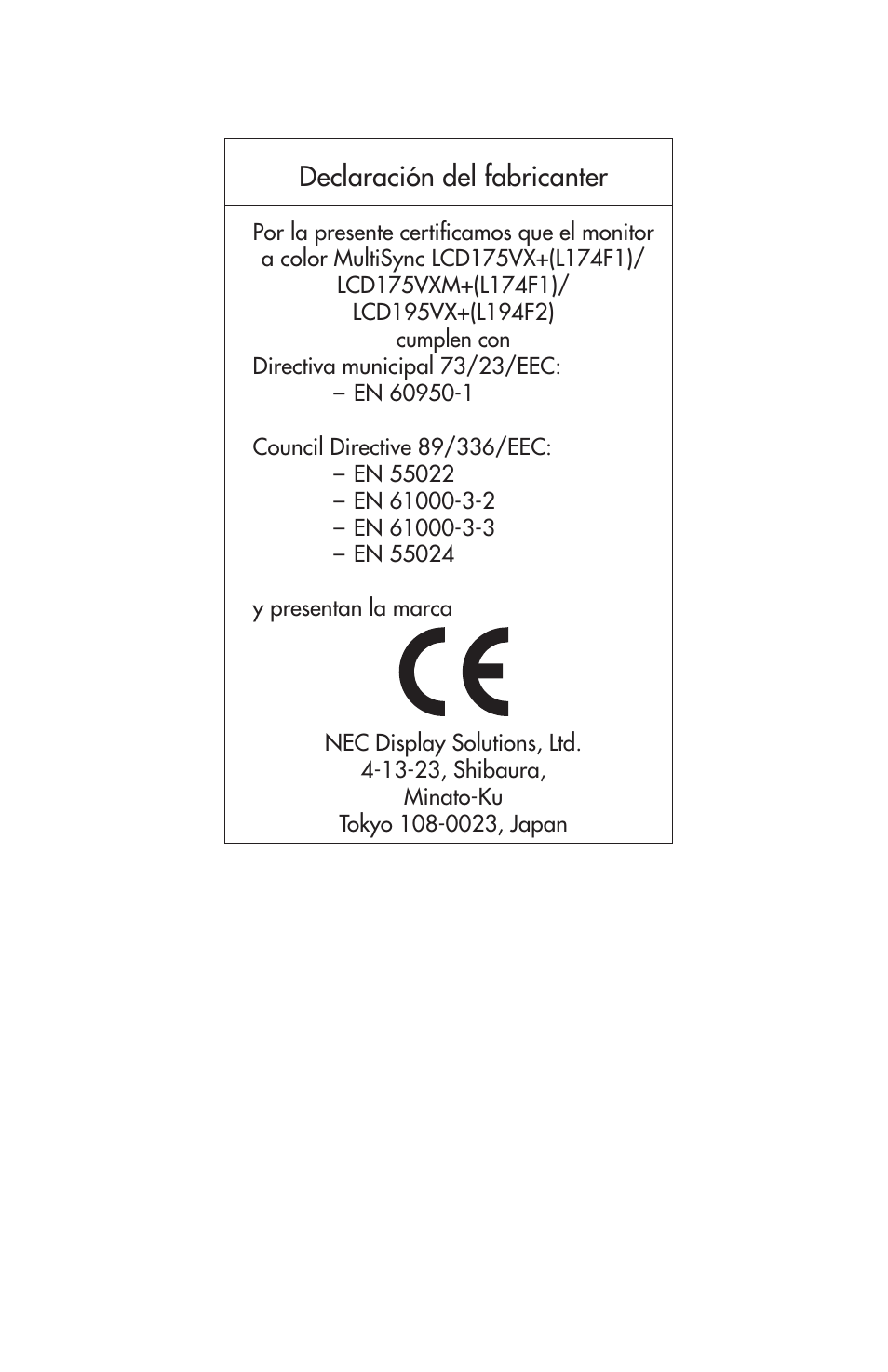 Declaración del fabricanter | NEC 175VXM User Manual | Page 71 / 76