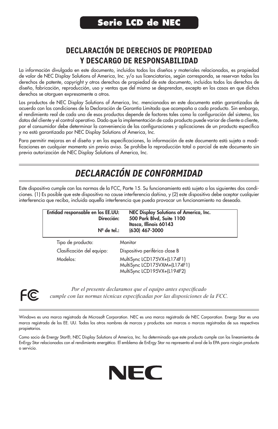 Declaración de conformidad, Serie lcd de nec | NEC 175VXM User Manual | Page 72 / 76