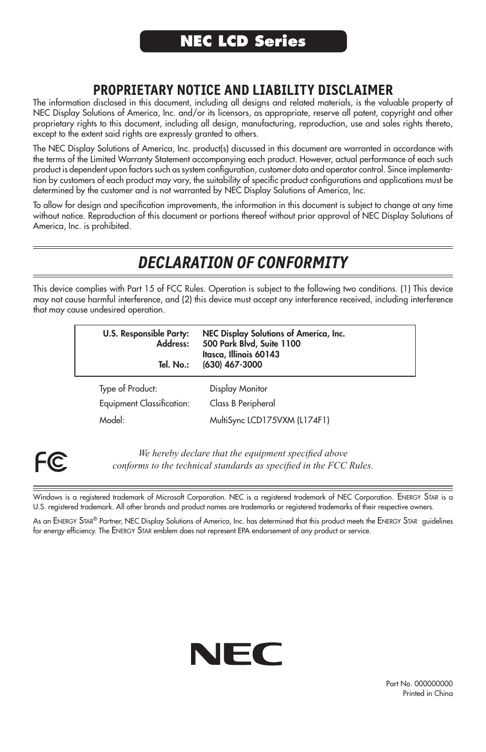 Declaration of conformity, Proprietary notice and liability disclaimer, Nec lcd series | NEC 175VXM User Manual | Page 76 / 76