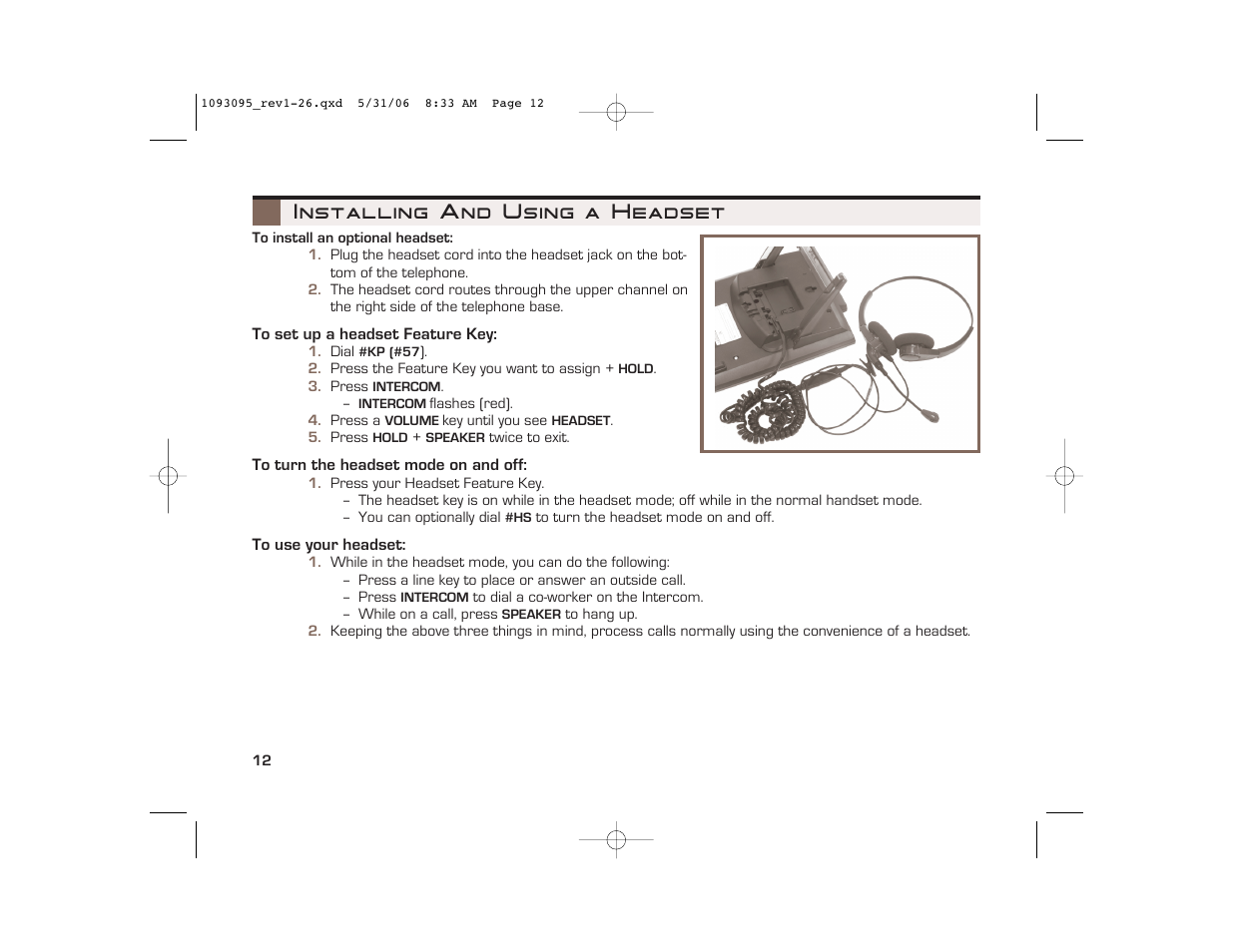 Installing and using a headset | NEC 10930 95 User Manual | Page 12 / 20