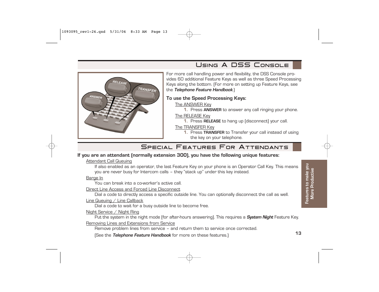 Using a dss console, Special features for attendants | NEC 10930 95 User Manual | Page 13 / 20