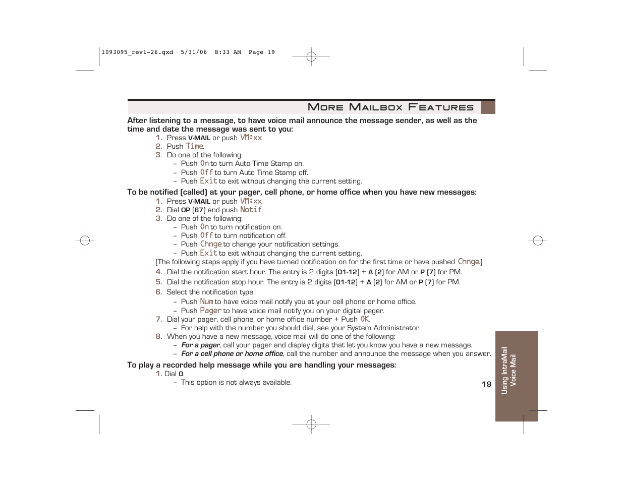 More mailbox features | NEC 10930 95 User Manual | Page 19 / 20