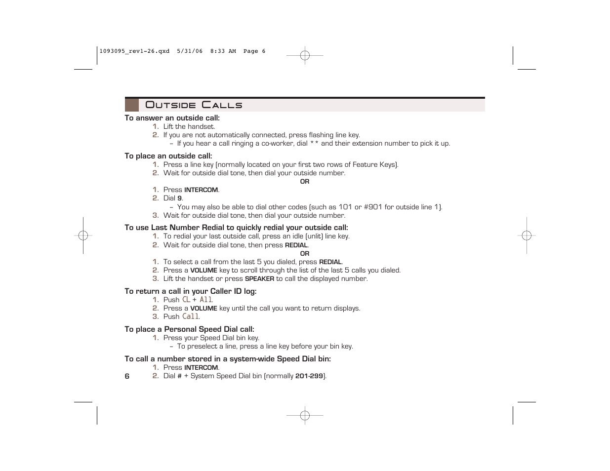 Outside calls | NEC 10930 95 User Manual | Page 6 / 20