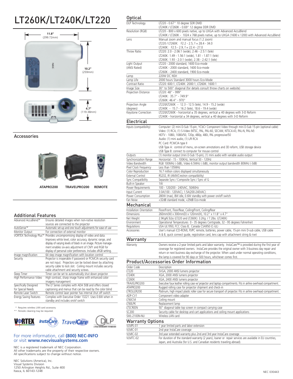 Accessories optical, Electrical, Mechanical | Warranty, Product/accessories order information, Warranty options, Additional features | NEC LT260K User Manual | Page 4 / 4