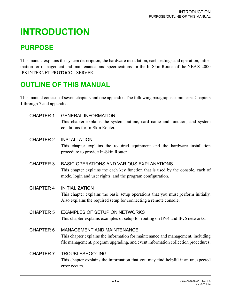 Introduction, Purpose, Outline of this manual | NEC NEAX IPS NWA-008869-001 User Manual | Page 11 / 180