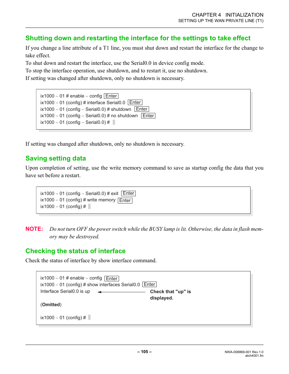 Saving setting data, Checking the status of interface | NEC NEAX IPS NWA-008869-001 User Manual | Page 115 / 180