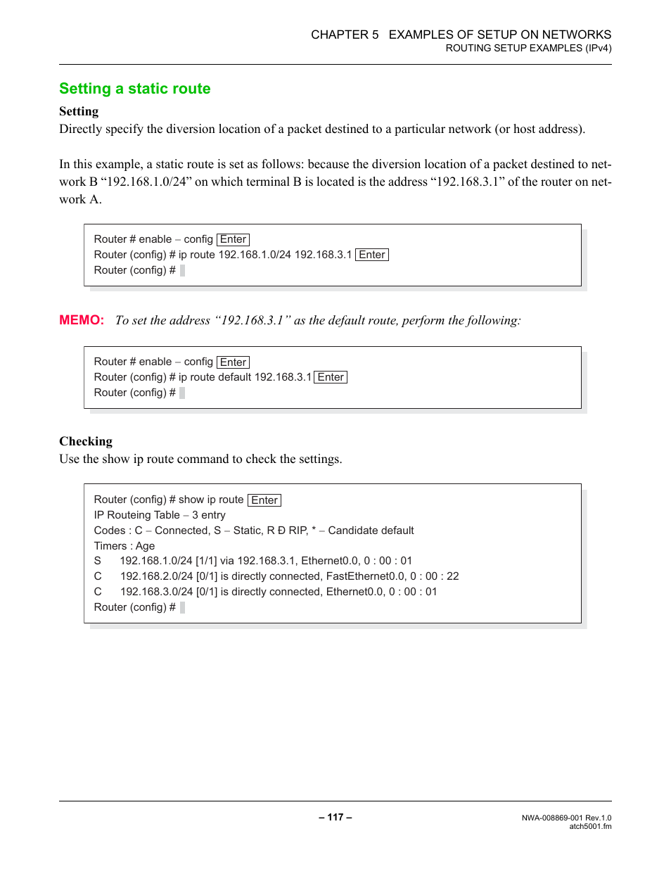 Setting a static route | NEC NEAX IPS NWA-008869-001 User Manual | Page 127 / 180