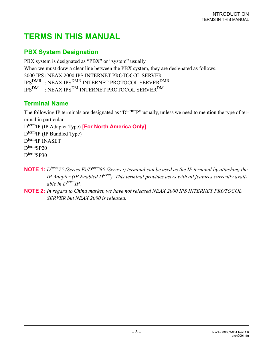 Terms in this manual, Pbx system designation, Terminal name | NEC NEAX IPS NWA-008869-001 User Manual | Page 13 / 180