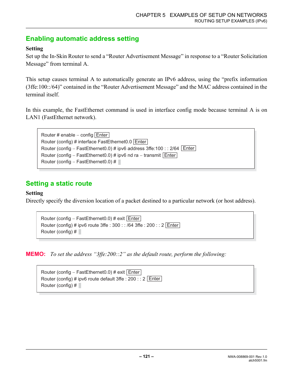 Enabling automatic address setting, Setting a static route | NEC NEAX IPS NWA-008869-001 User Manual | Page 131 / 180