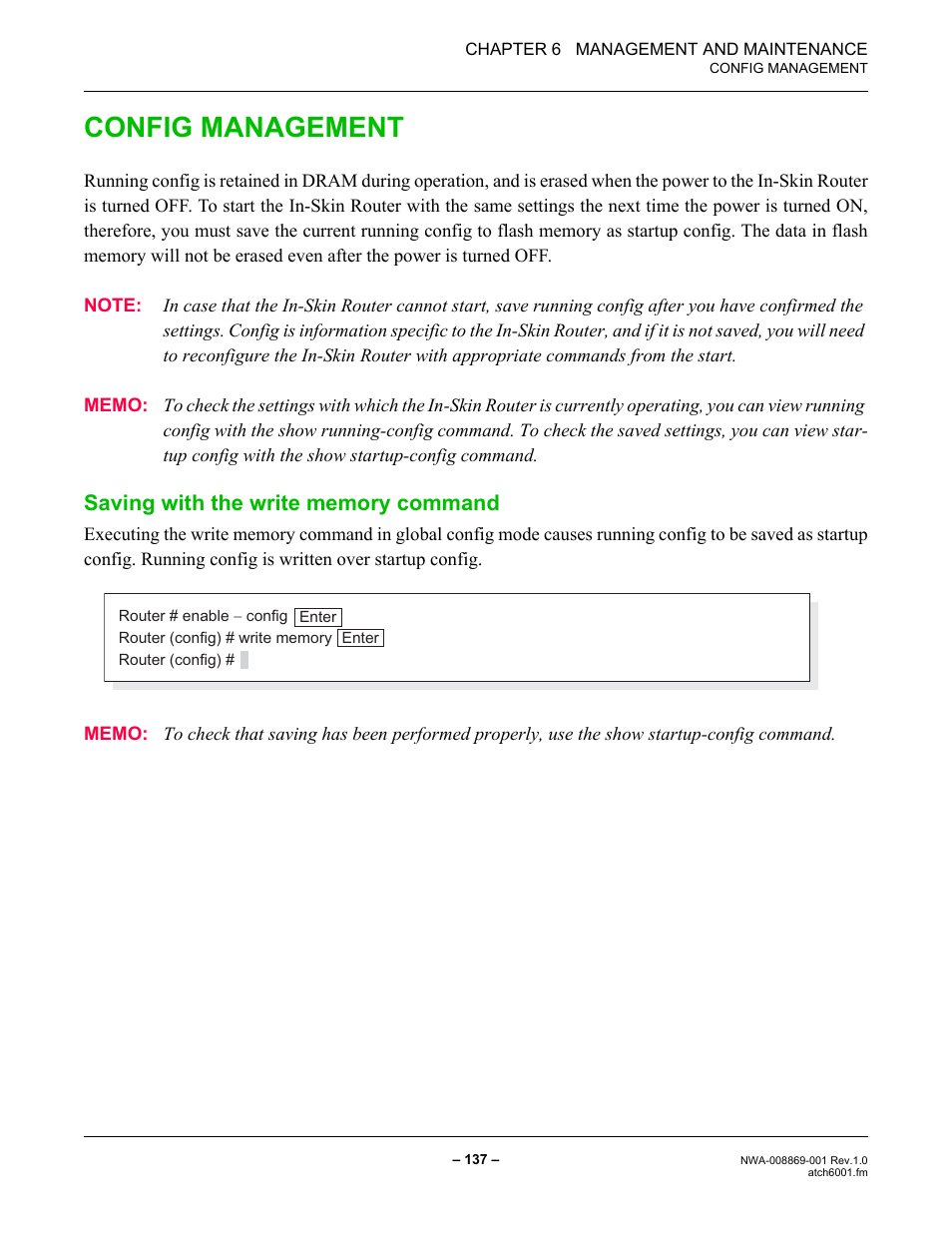 Config management, Saving with the write memory command | NEC NEAX IPS NWA-008869-001 User Manual | Page 147 / 180