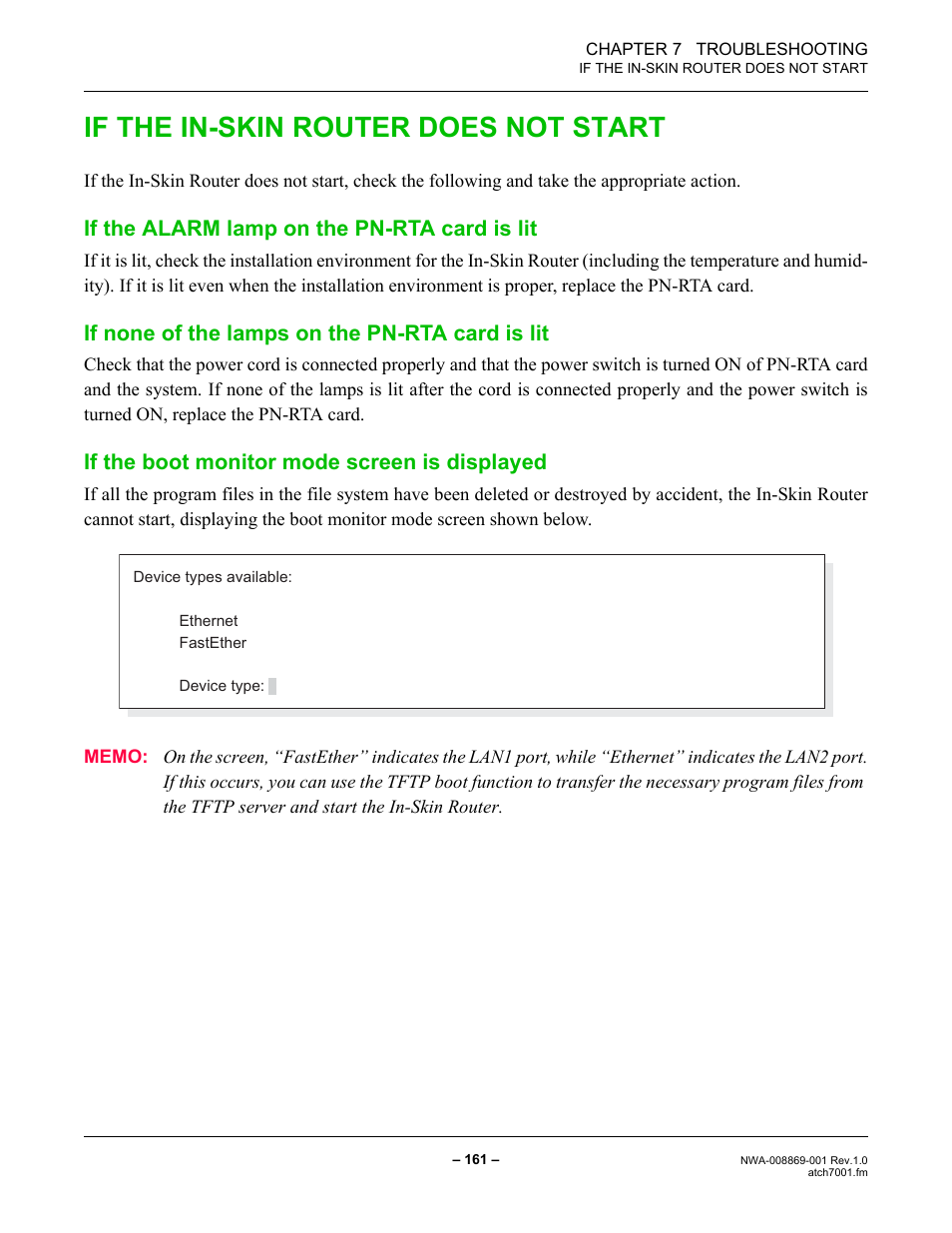 If the in-skin router does not start, If the alarm lamp on the pn-rta card is lit, If none of the lamps on the pn-rta card is lit | If the boot monitor mode screen is displayed | NEC NEAX IPS NWA-008869-001 User Manual | Page 171 / 180