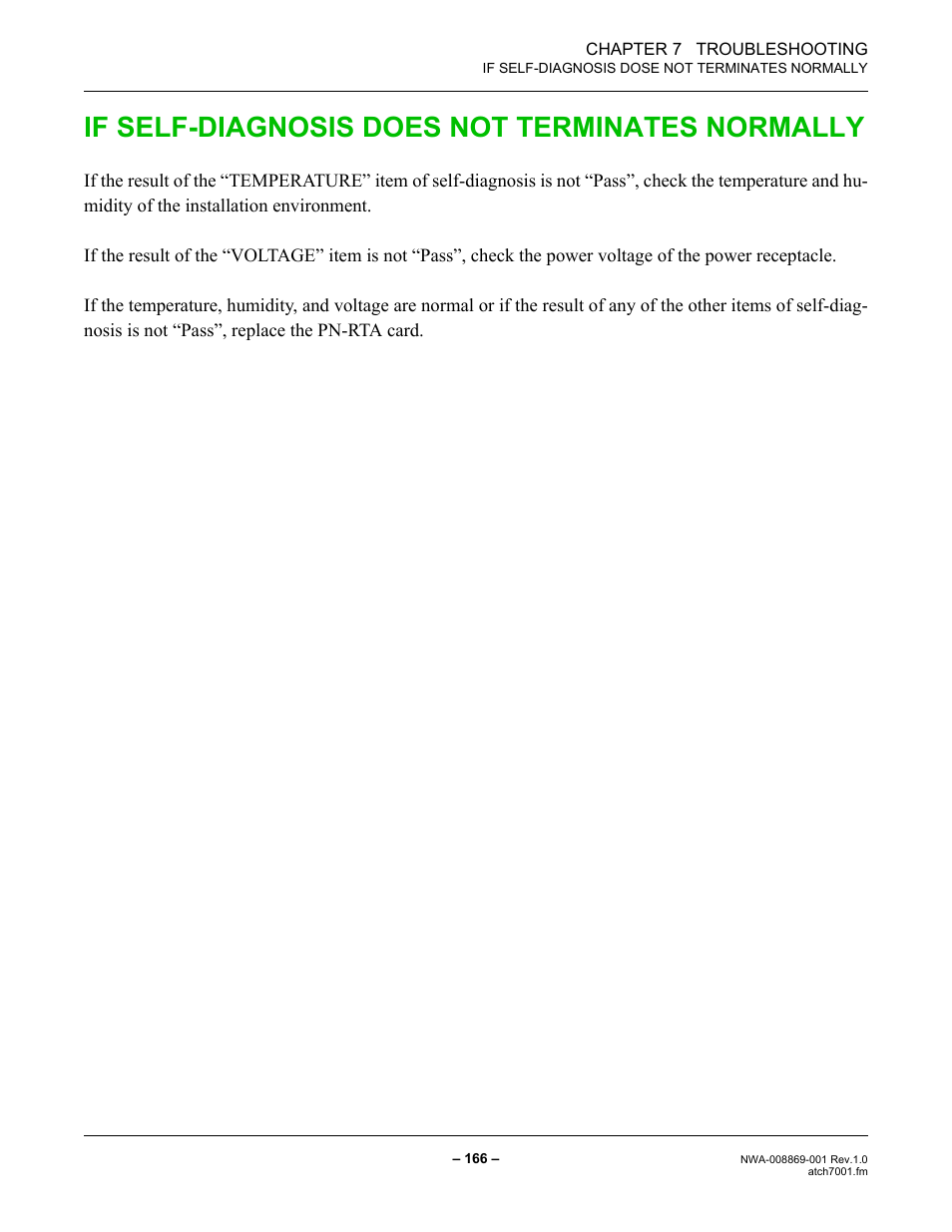 If self-diagnosis does not terminates normally, If self-diagnosis does not terminates normally 166 | NEC NEAX IPS NWA-008869-001 User Manual | Page 176 / 180