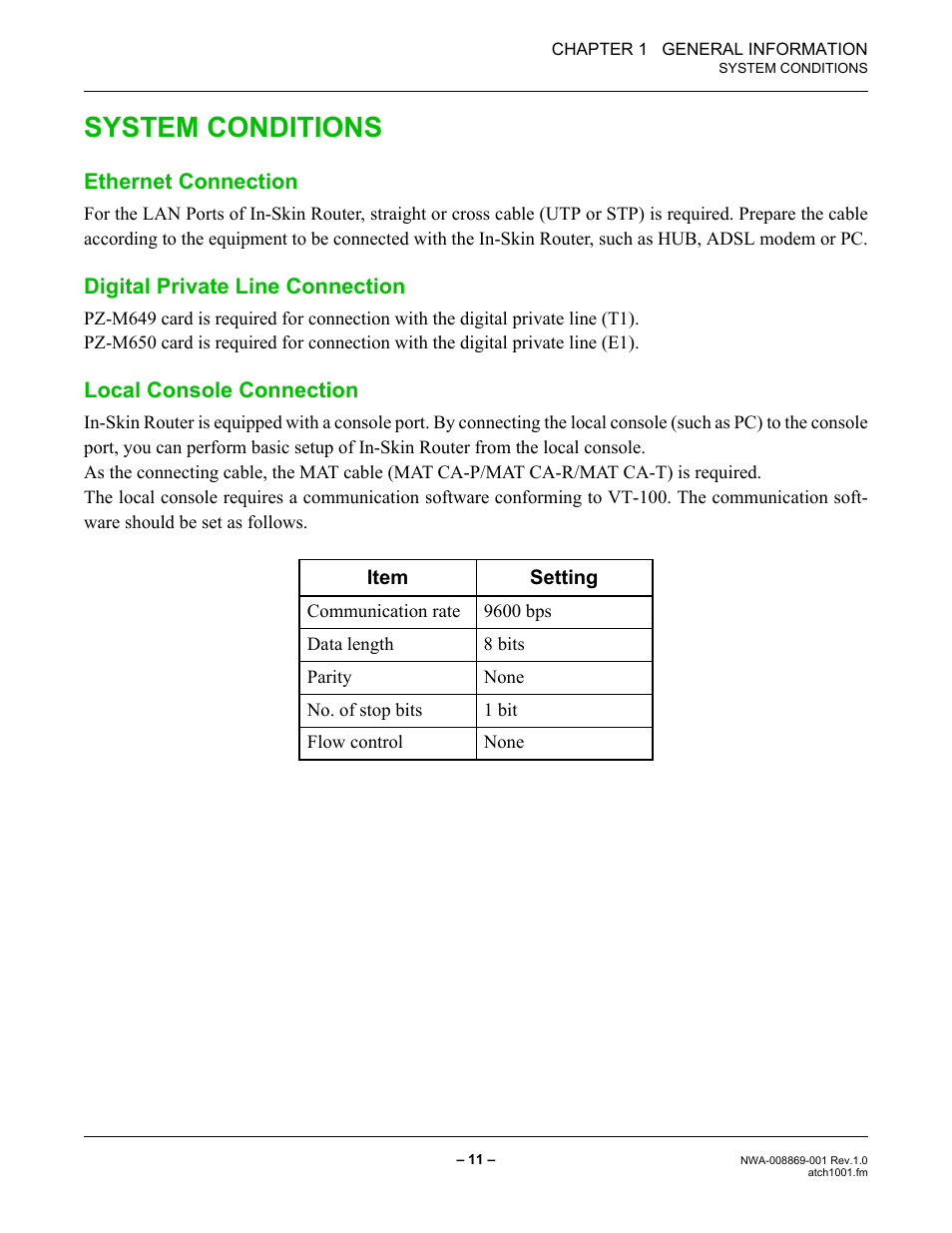 System conditions, Ethernet connection, Digital private line connection | Local console connection | NEC NEAX IPS NWA-008869-001 User Manual | Page 21 / 180