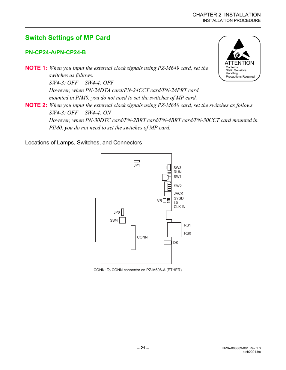 Switch settings of mp card | NEC NEAX IPS NWA-008869-001 User Manual | Page 31 / 180