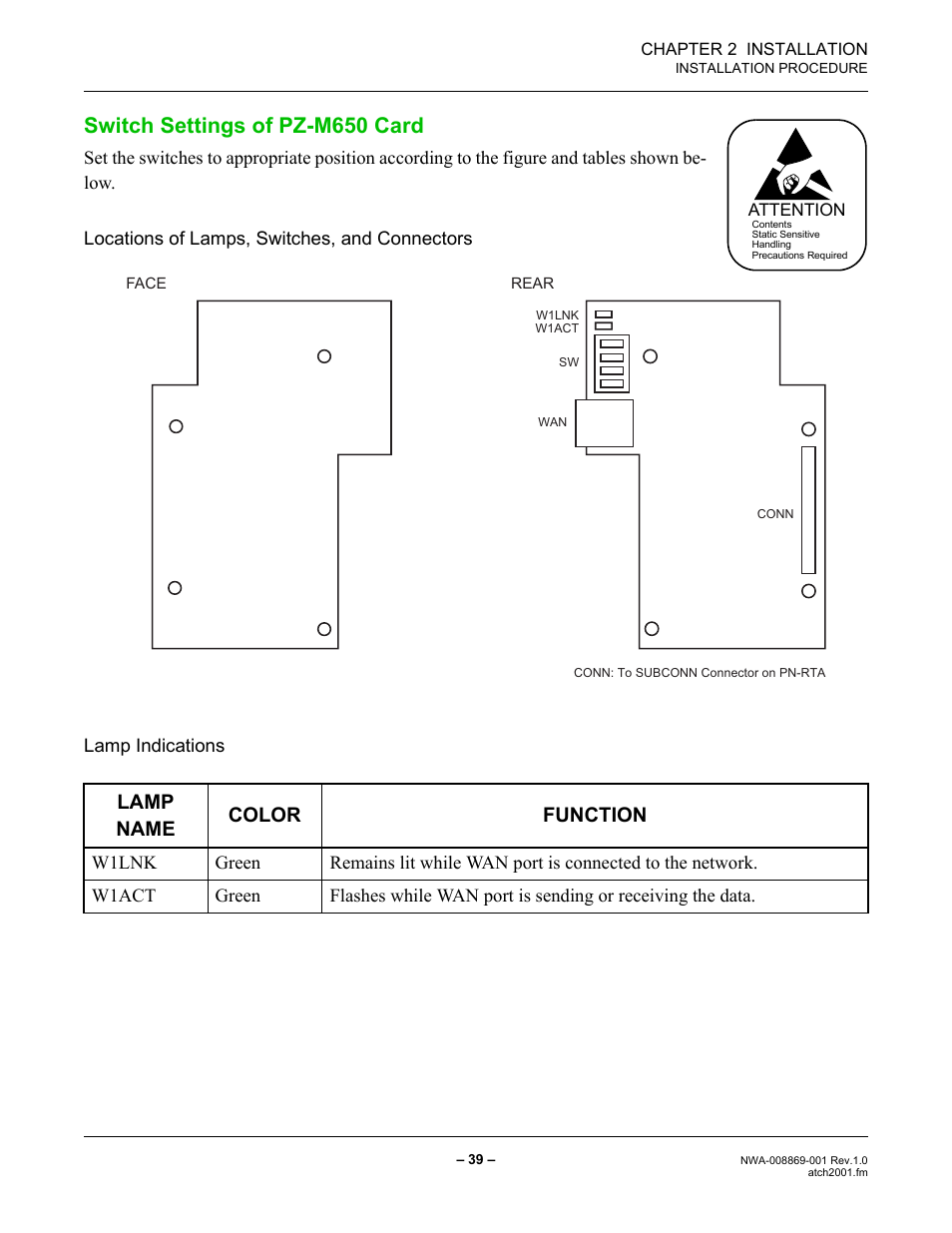 Switch settings of pz-m650 card, Lamp name color function | NEC NEAX IPS NWA-008869-001 User Manual | Page 49 / 180