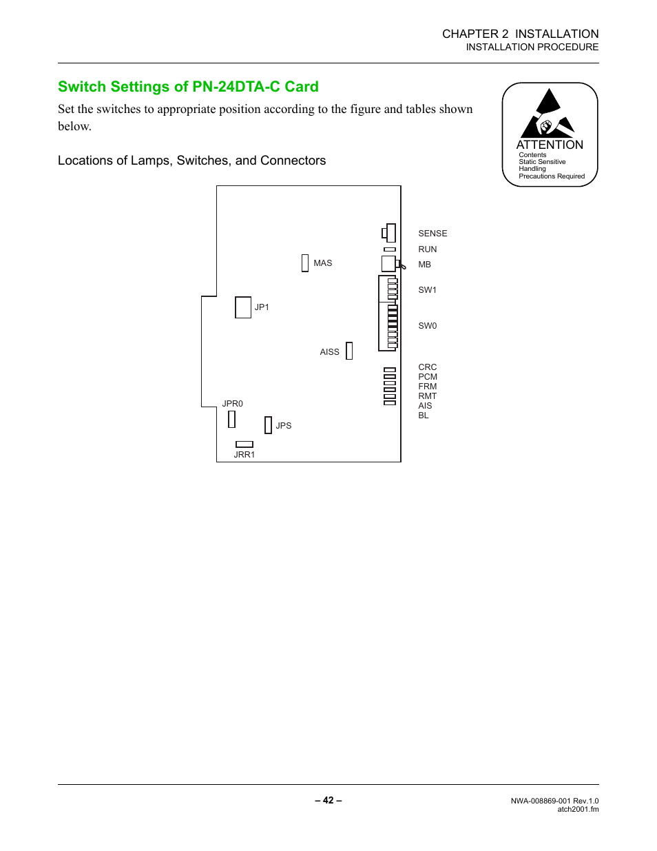 Switch settings of pn-24dta-c card, Chapter 2 installation, Attention | NEC NEAX IPS NWA-008869-001 User Manual | Page 52 / 180