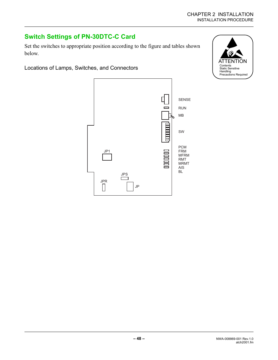 Switch settings of pn-30dtc-c card, Chapter 2 installation, Attention | NEC NEAX IPS NWA-008869-001 User Manual | Page 58 / 180