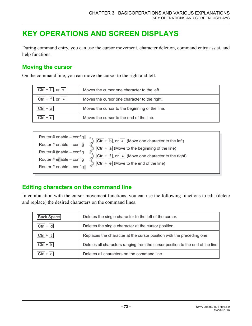 Key operations and screen displays, Moving the cursor, Editing characters on the command line | NEC NEAX IPS NWA-008869-001 User Manual | Page 83 / 180