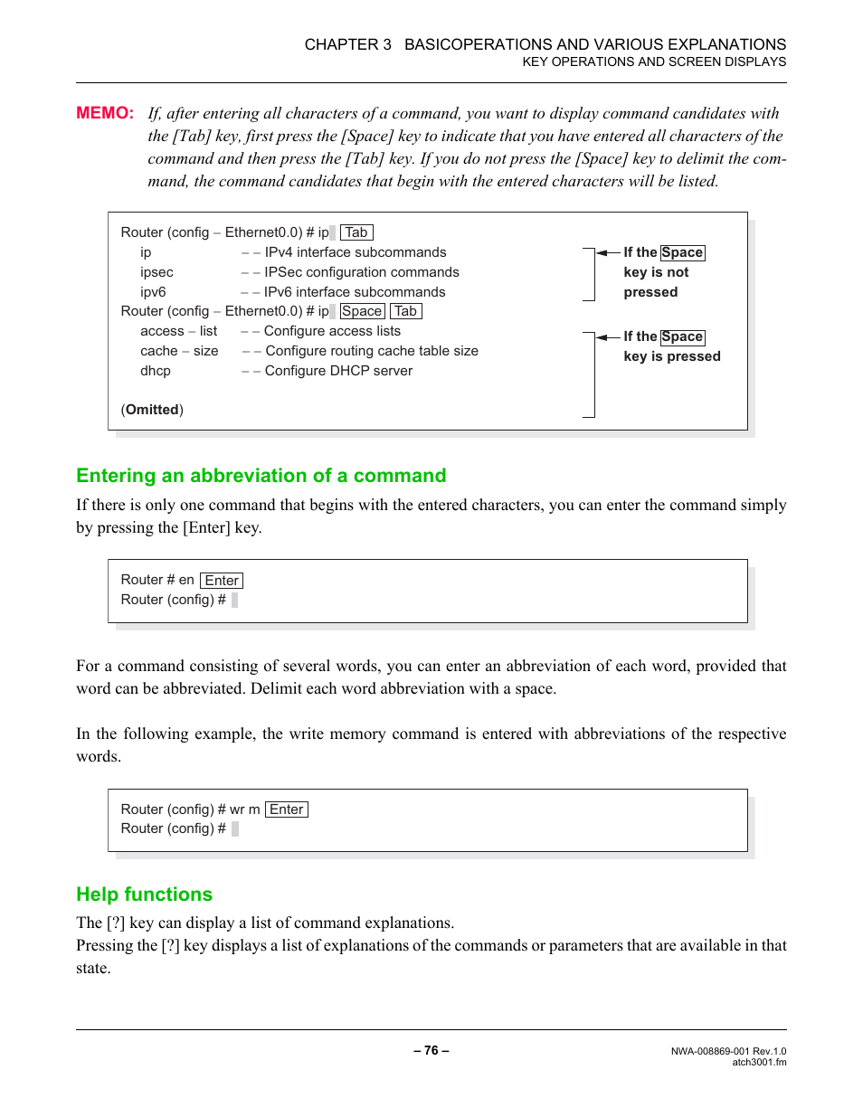 Entering an abbreviation of a command, Help functions | NEC NEAX IPS NWA-008869-001 User Manual | Page 86 / 180