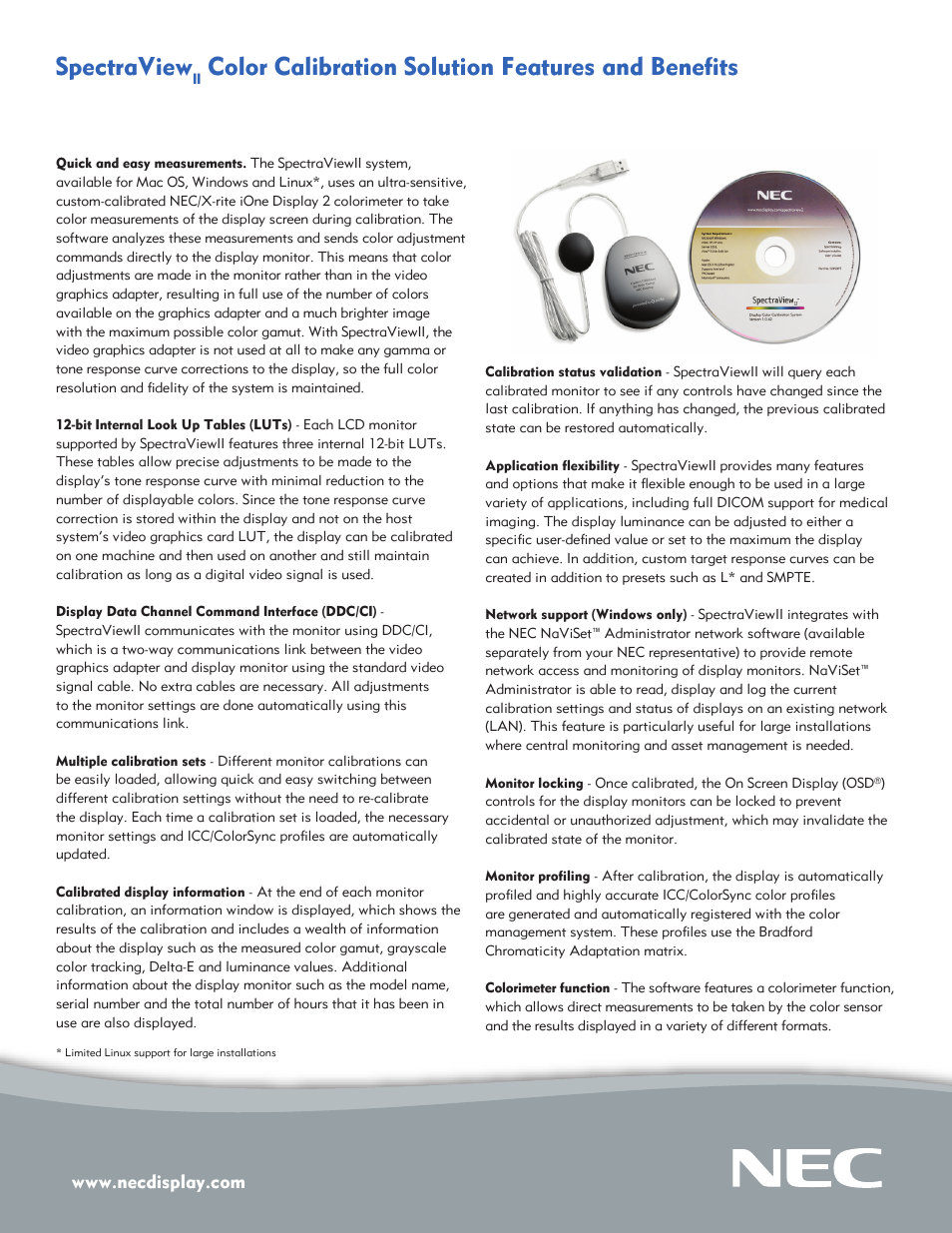 Spectraview, Color calibration solution features and benefits | NEC SpectraViewII LCD2490W2-BK-SV User Manual | Page 2 / 3