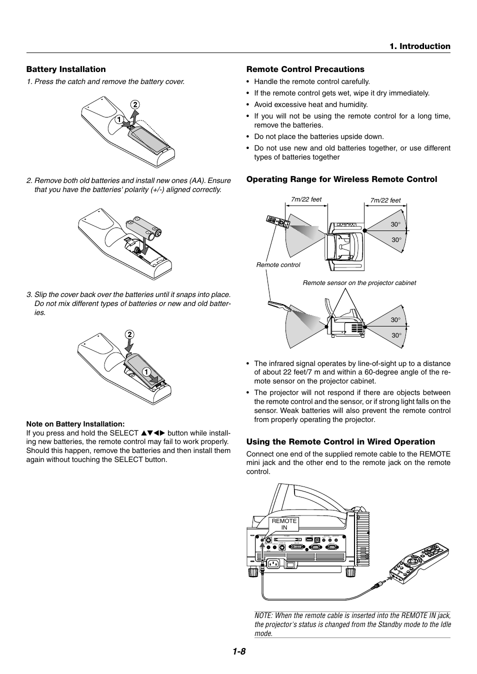 Battery installation, Remote control precautions, Operating range for wireless remote control | Using the remote control in wired operation, Introduction | NEC WT600 User Manual | Page 16 / 76