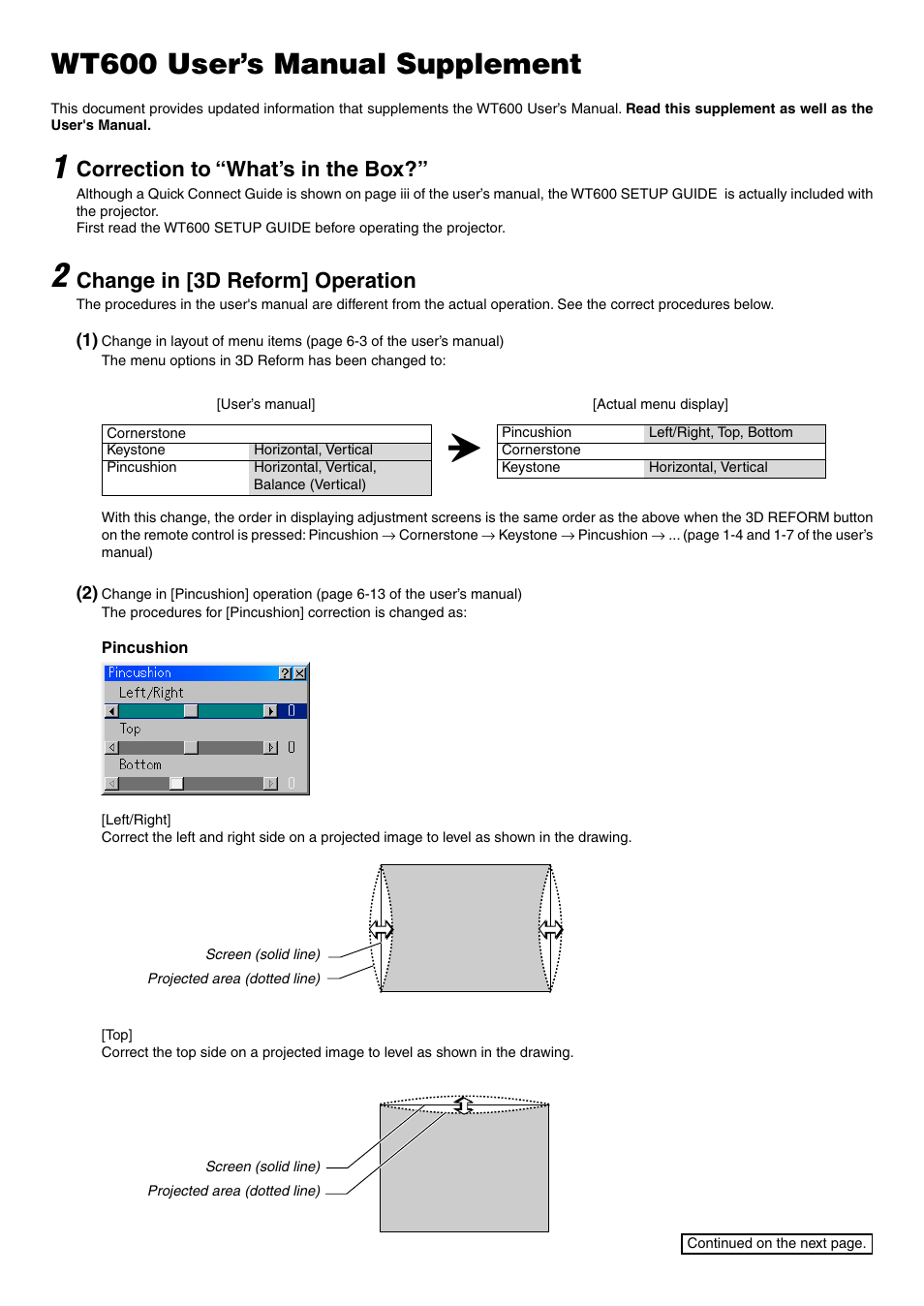Wt600 user’s manual supplement, Correction to “what’s in the box, Change in [3d reform] operation | NEC WT600 User Manual | Page 2 / 76