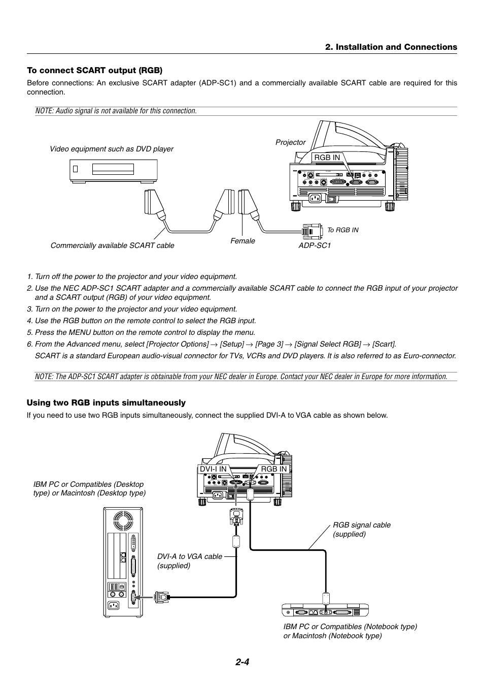 Using two rgb inputs simultaneously, Installation and connections, Setup | Page 3, Signal select rgb, Rgb in, Dvi-i in rgb in | NEC WT600 User Manual | Page 20 / 76