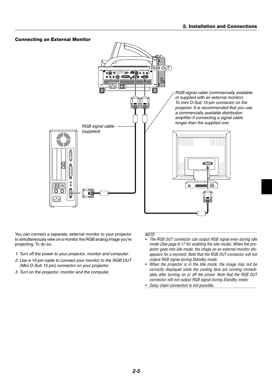 Connecting an external monitor, Installation and connections, Rgb out | NEC WT600 User Manual | Page 21 / 76