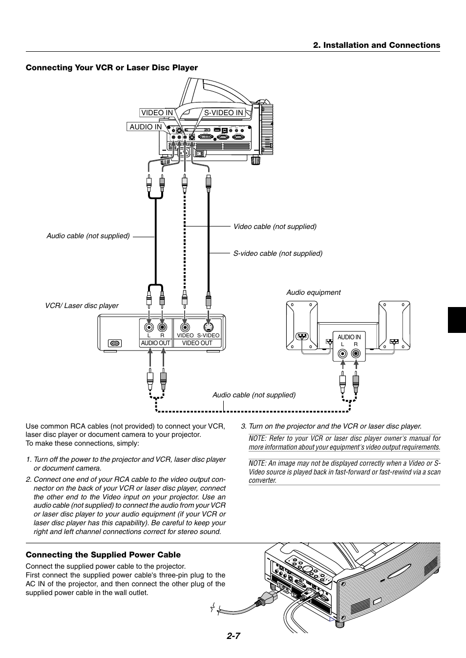 Connecting your vcr or laser disc player, Connecting the supplied power cable, Installation and connections | Vcr/ laser disc player, Audio in video in s-video in, Audio in, Audio out, Video out, S-video video | NEC WT600 User Manual | Page 23 / 76