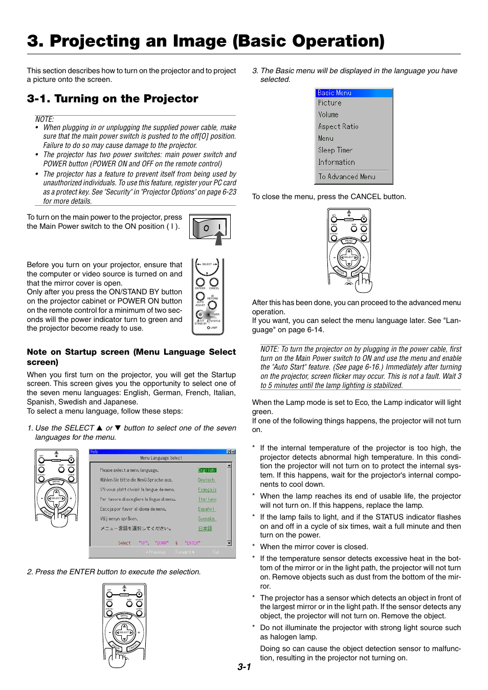 Projecting an image (basic operation), 1. turning on the projector, Use the select | NEC WT600 User Manual | Page 24 / 76