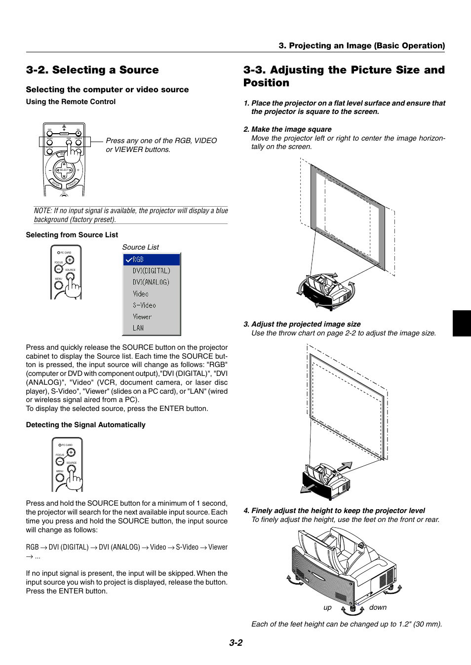 2. selecting a source, 3. adjusting the picture size and position, Selecting the computer or video source | Projecting an image (basic operation), Up down, Using the remote control | NEC WT600 User Manual | Page 25 / 76
