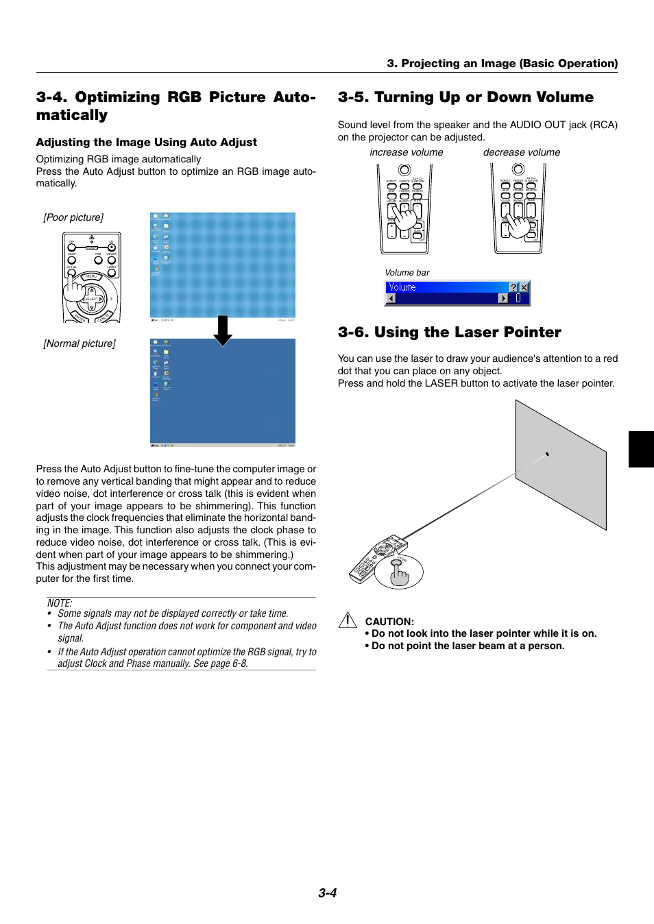 4. optimizing rgb picture auto- matically, 5. turning up or down volume, 6. using the laser pointer | Projecting an image (basic operation), Adjusting the image using auto adjust, Poor picture] [normal picture, Increase volume, Decrease volume | NEC WT600 User Manual | Page 27 / 76