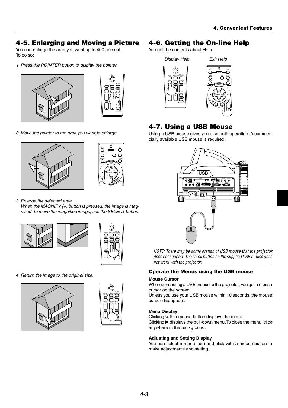5. enlarging and moving a picture, 6. getting the on-line help, 7. using a usb mouse | Convenient features, Operate the menus using the usb mouse, Display help exit help, You get the contents about help | NEC WT600 User Manual | Page 31 / 76