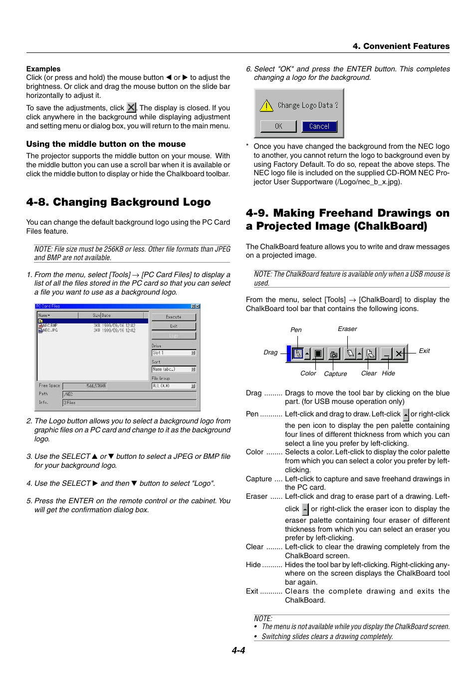 8. changing background logo | NEC WT600 User Manual | Page 32 / 76