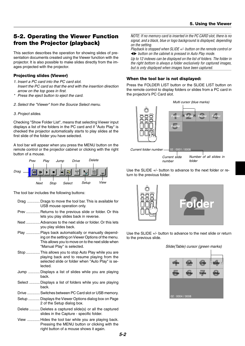 Folder, When the tool bar is not displayed, Projecting slides (viewer) | Using the viewer, Slide(table) cursor (green marks) | NEC WT600 User Manual | Page 35 / 76