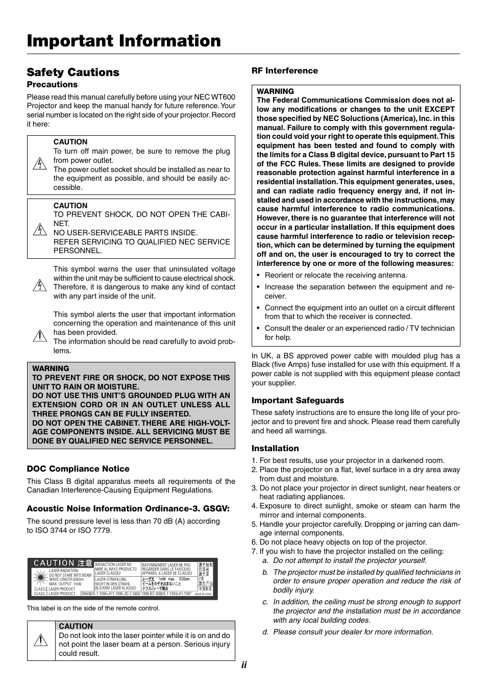 Important information, Safety cautions | NEC WT600 User Manual | Page 6 / 76