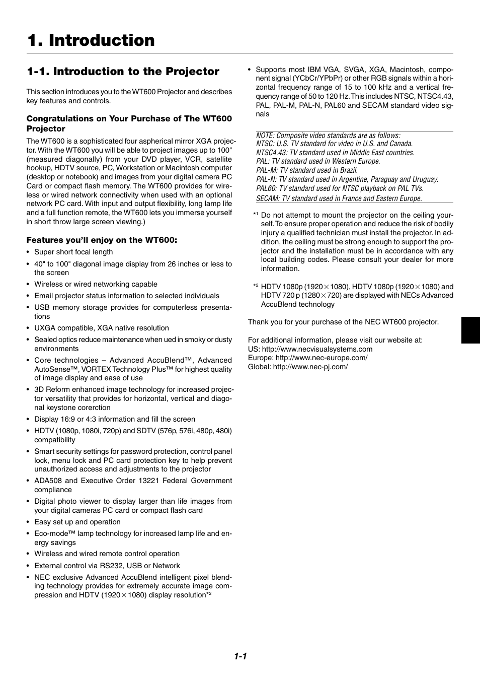 Introduction, 1. introduction to the projector | NEC WT600 User Manual | Page 9 / 76